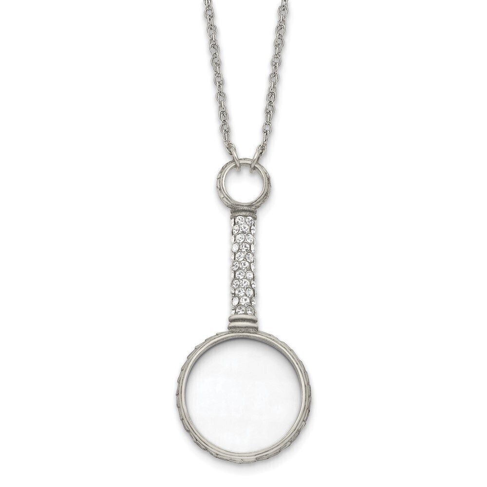 1928 Pewter-tone White Crystal Handle 2-3X Magnifying Glass 30 inch Necklace